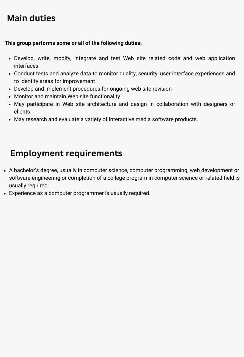 Noc Code 21234 - Web developers and programmers